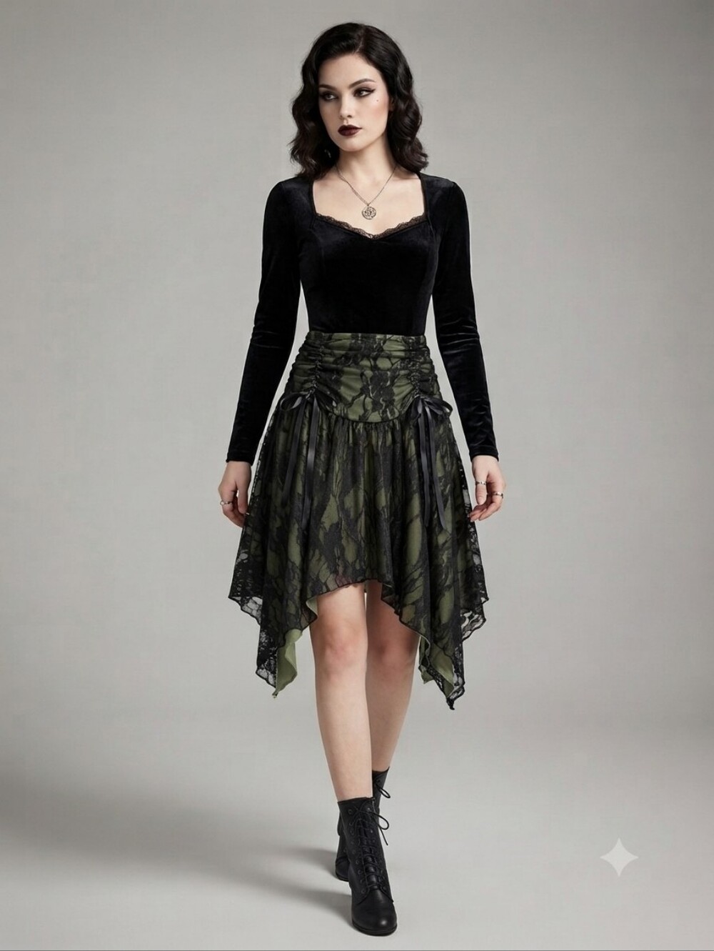 ROMWE Goth Renaissance Contrast Lace Hanky Hem Skirt Olive Green S Whimsigoth